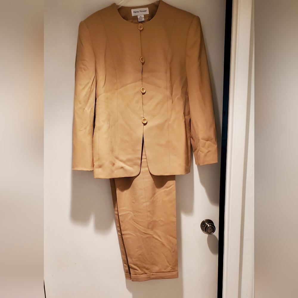 Women Wool Camel Suit Rena Rowan Lined & Cuffed Slacks/Jacket Great Condition
